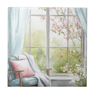 Cozy Watercolor Reading Nook Window Spring Garden Ceramic Tile