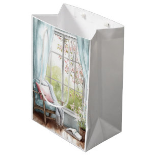 Cozy Watercolor Reading Nook Window Spring Garden  Medium Gift Bag