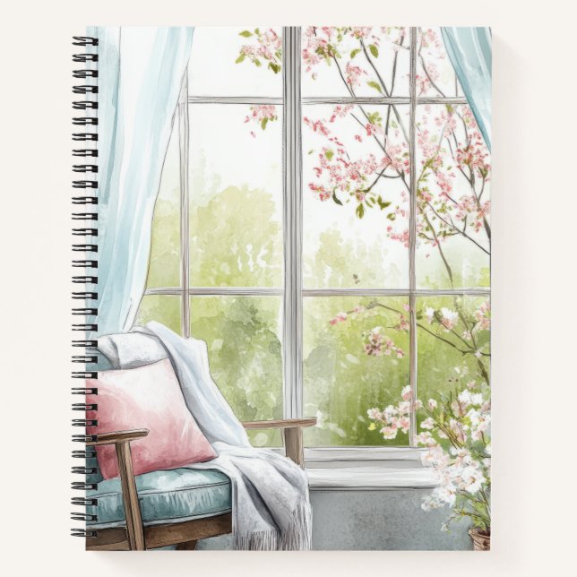 Cozy Watercolor Reading Nook Window Spring Garden  Notebook (Front)