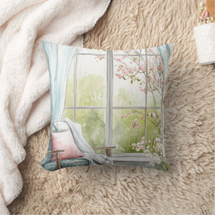 Cozy Watercolor Reading Nook Window Spring Garden Throw Pillow