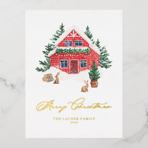 Cozy Watercolor Red Christmas Cottage Foil Holiday Postcard