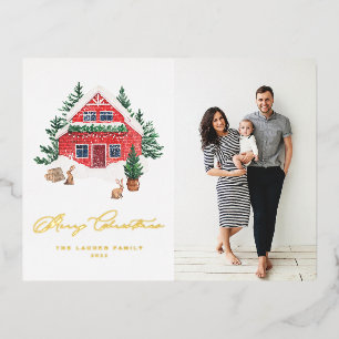 Cozy Watercolor Red Christmas Cottage Photo Foil Holiday Postcard