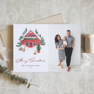 Cozy Watercolor Red Cottage Christmas Photo Holiday Card
