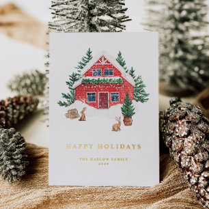 Cozy Watercolor Red Cottage Evergreen Forest Foil Holiday Card