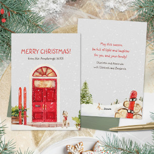Cozy Watercolor Red Door Ski Dog Snow Christmas Holiday Card