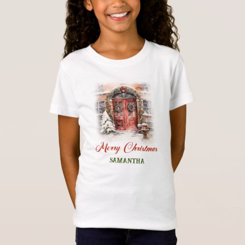 Cozy watercolor red door with festive decoration T_Shirt