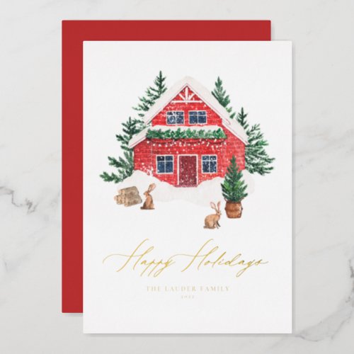 Cozy Watercolor Red Holiday Cottage