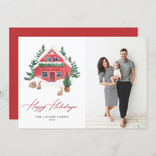 Cozy Watercolor Red Holiday Cottage Photo