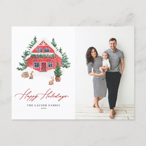 Cozy Watercolor Red Holiday Cottage Photo