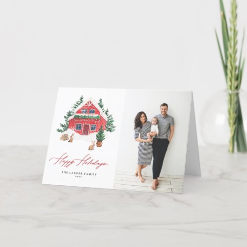 Cozy Watercolor Red Holiday Cottage Photo