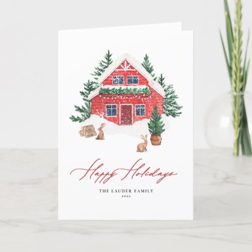 Cozy Watercolor Red Holiday Cottage Rustic