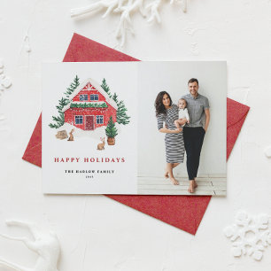 Cozy Watercolor Red Winter Cabin in Snow Photo Holiday Card