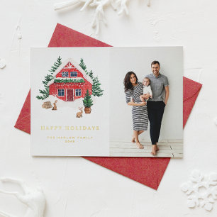Cozy Watercolor Red Winter Cottage Happy Holidays Foil Holiday Card