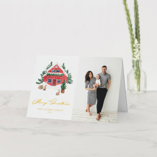 Cozy Watercolor Red Winter Cottage Merry Christmas Foil Holiday Card