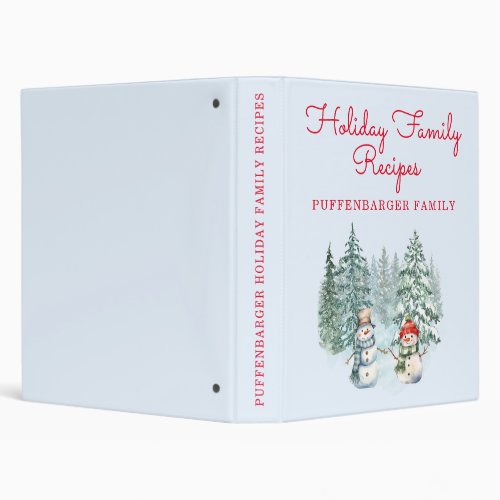 Cozy Watercolor Snowman Family Christmas Recipe 3 Ring Binder