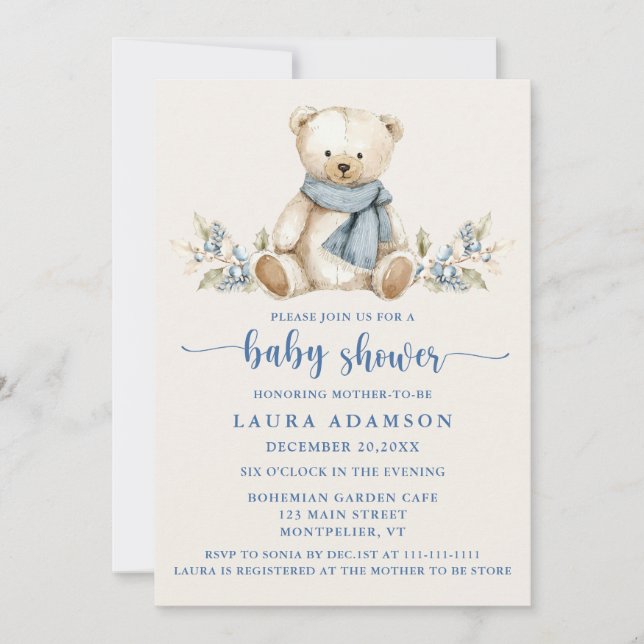 Cozy Watercolor Teddy Bear Winter Baby Shower Invitation (Front)