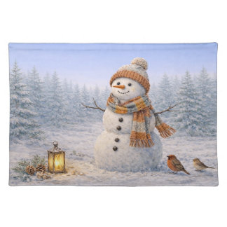 Cozy Watercolor Winter Snowman with Birds Cloth Placemat