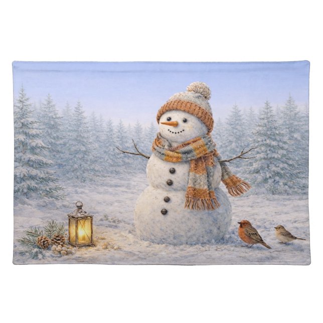 Cozy Watercolor Winter Snowman with Birds Cloth Placemat (Front)