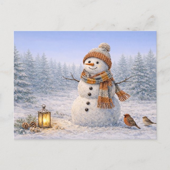 Cozy Watercolor Winter Snowman with Birds Holiday Postcard (Front)