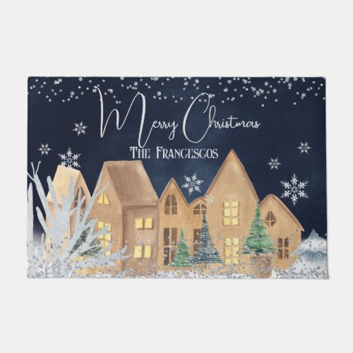 Cozy Watercolor Winter Village Christmas Doormat