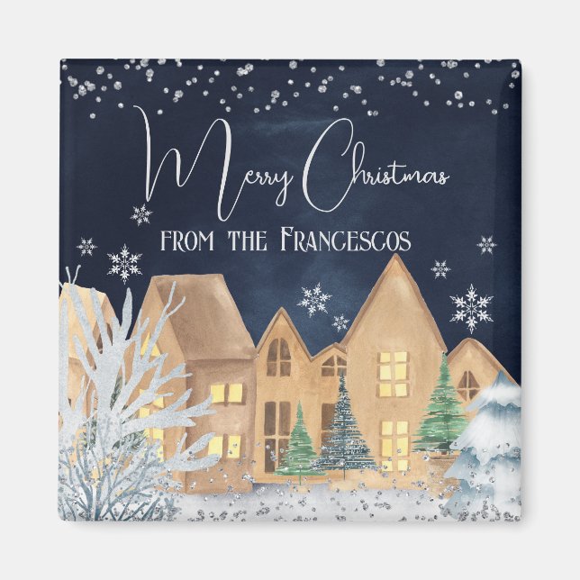 Cozy Watercolor Winter Village Christmas Magnet (Front)