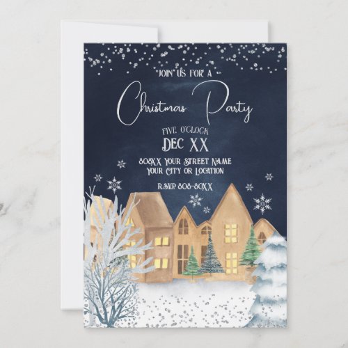 Cozy Watercolor Winter Village Christmas Party Invitation