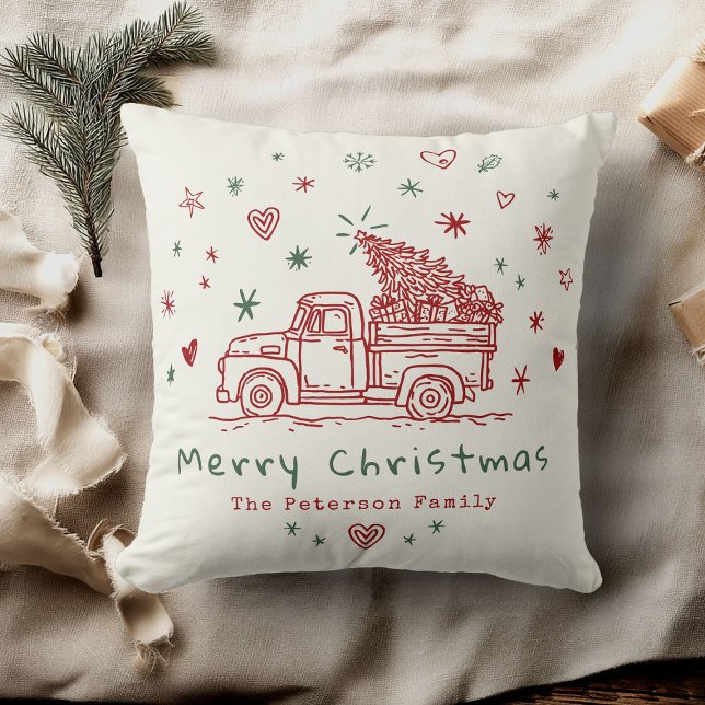 Cozy Whimsical Retro Christmas Truck Family Photo Throw Pillow (Creator Uploaded)