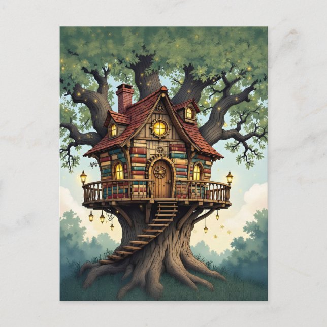 Cozy Whimsical Treehouse Made From Antique Books Postcard (Front)