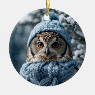 Cozy Whimsical Winter Wonderland Owl Ceramic Ornament