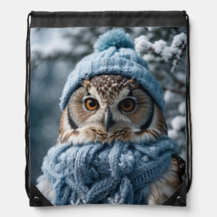 Cozy Whimsical Winter Wonderland Owl Drawstring Bag