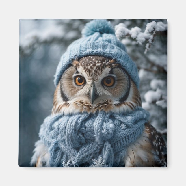 Cozy Whimsical Winter Wonderland Owl Magnet (Front)