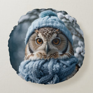 Cozy Whimsical Winter Wonderland Owl Round Pillow