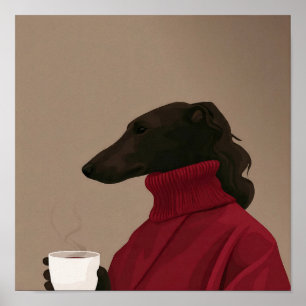 Cozy Whippet Drinking Coffee - Minimalist Dog Poster