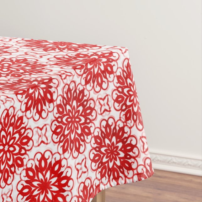 Cozy White and Red Winter Floral Pattern Christmas Tablecloth (In Situ)