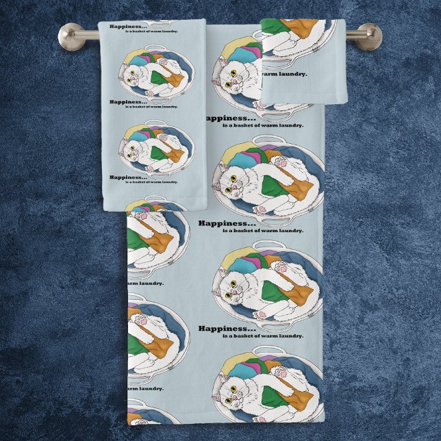 Cozy White Cat Laundry Basket Funny Blue Bath Towel Set (Creator Uploaded)