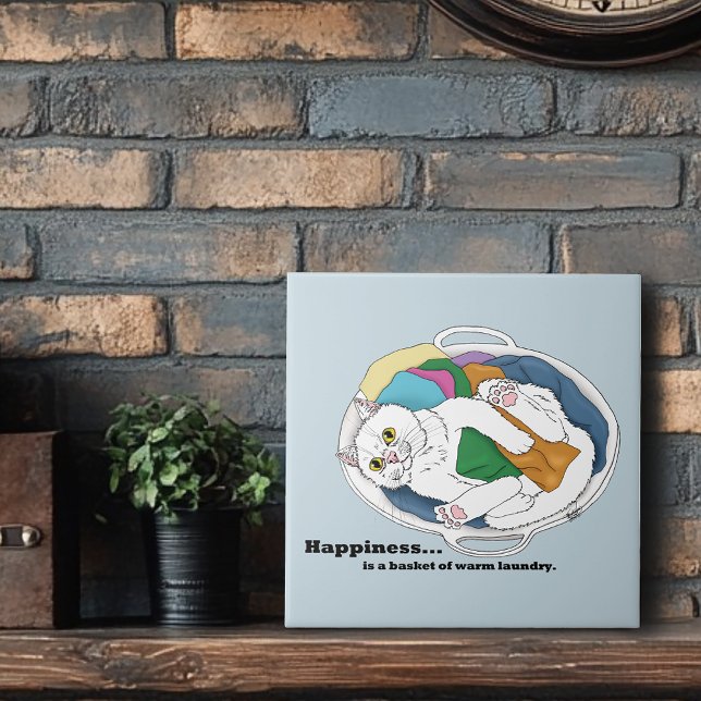 Cozy White Cat Laundry Basket Funny Blue Ceramic Tile (Creator Uploaded)