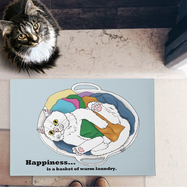 Cozy White Cat Laundry Basket Funny Blue Doormat (Creator Uploaded)