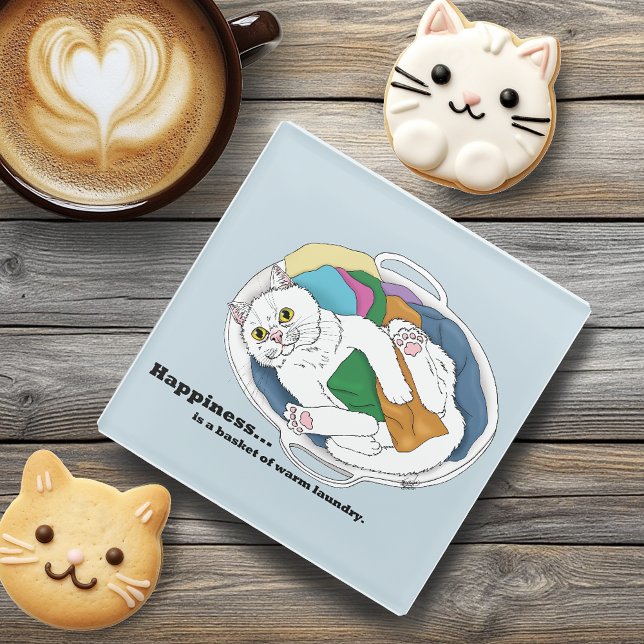 Cozy White Cat Laundry Basket Funny Blue Glass Coaster (Creator Uploaded)