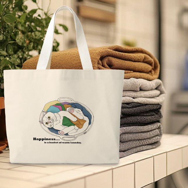 Cozy White Cat Laundry Basket Funny Blue Large Tote Bag (Creator Uploaded)