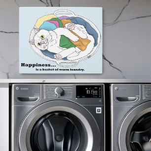 Cozy White Cat Laundry Basket Funny Blue Metal Print
