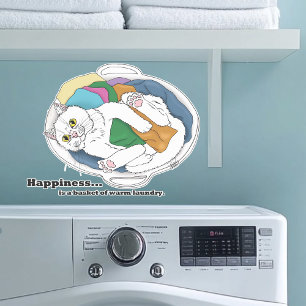 Cozy White Cat Laundry Basket Funny Blue Sticker