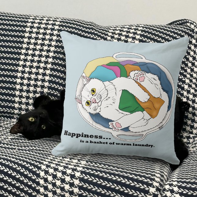 Cozy White Cat Laundry Basket Funny Blue Throw Pillow (Creator Uploaded)