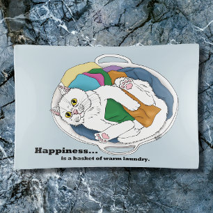 Cozy White Cat Laundry Basket Funny Blue Trinket Tray