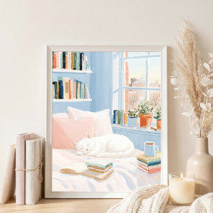 Cozy White Cat Reading Nook Art Print