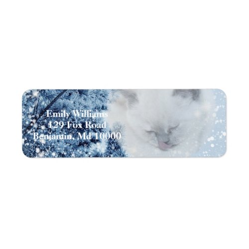 Cozy White Cat Snowy Winter Forest Label