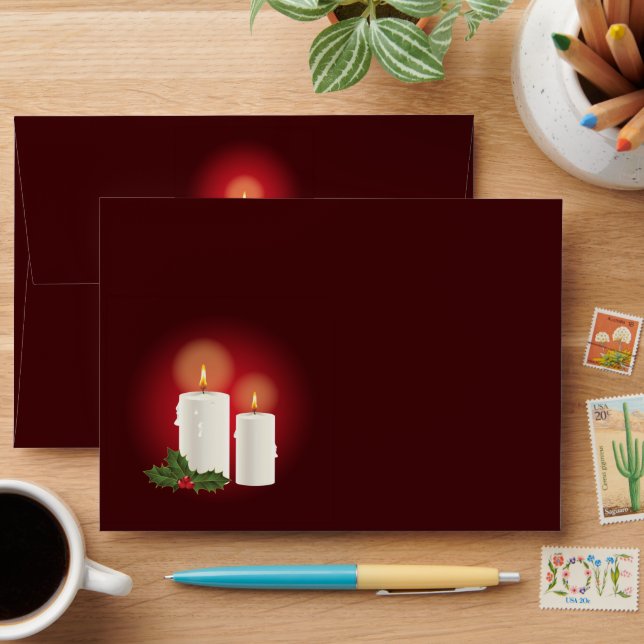 Cozy White Christmas Candles On Red Envelope (Desk)