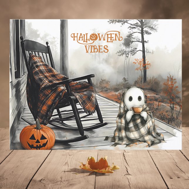 Cozy White Ghost Rustic Fall Porch Halloween Vibes Holiday Postcard (Creator Uploaded)
