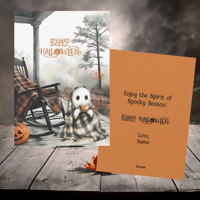 Cozy White Ghost Rustic Fall Porch Happy Halloween Holiday Card (Creator Uploaded)