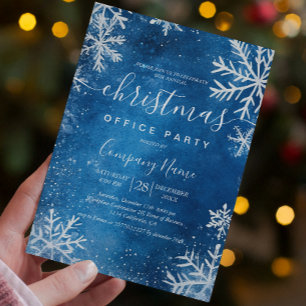Cozy White Snowflakes Blue Christmas Office Party Invitation