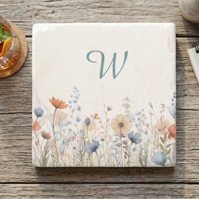 Cozy Wildflower Meadow Monogram – Botanical  Stone Coaster (Wildflower monogram drink coaster)
